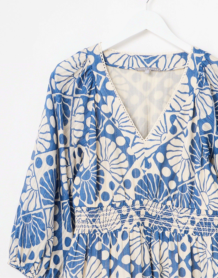 Blue & Cream Sun Print V-Neck Tiered Midi Dress